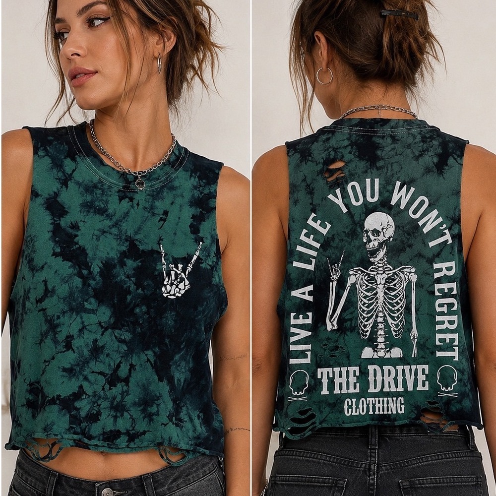 The Drive Clothing Tie Dye Distressed Skeleton Graphic Crop Tank Top Green Black